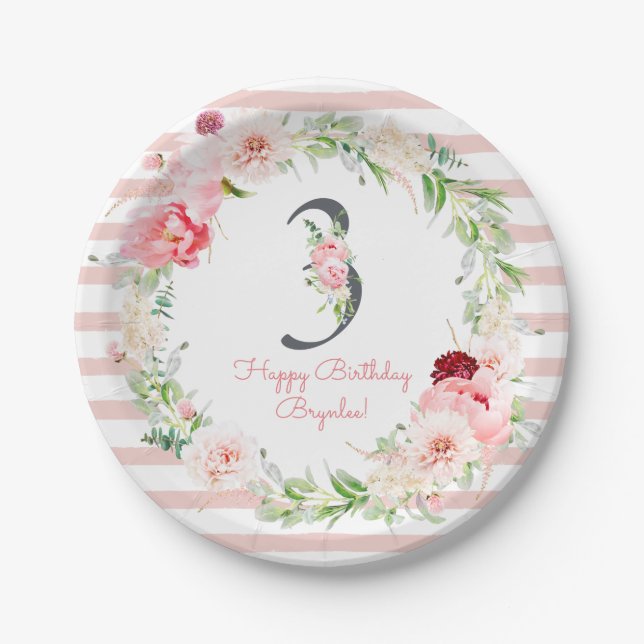 Blush Floral Pink Stripe 3rd Birthday Party Paper Plate (Front)