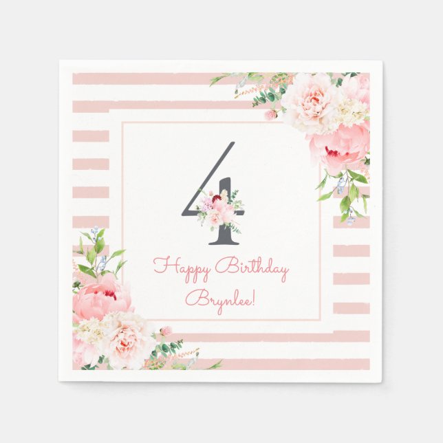 Blush Floral Pink Stripe 4th Birthday Party Napkin (Front)