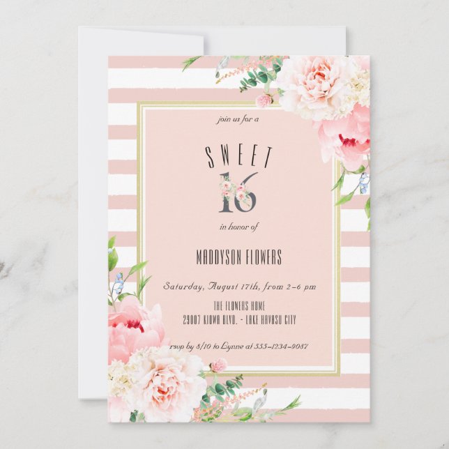 Blush Floral Pink Stripe Sweet Sixteen Birthday Invitation (Front)