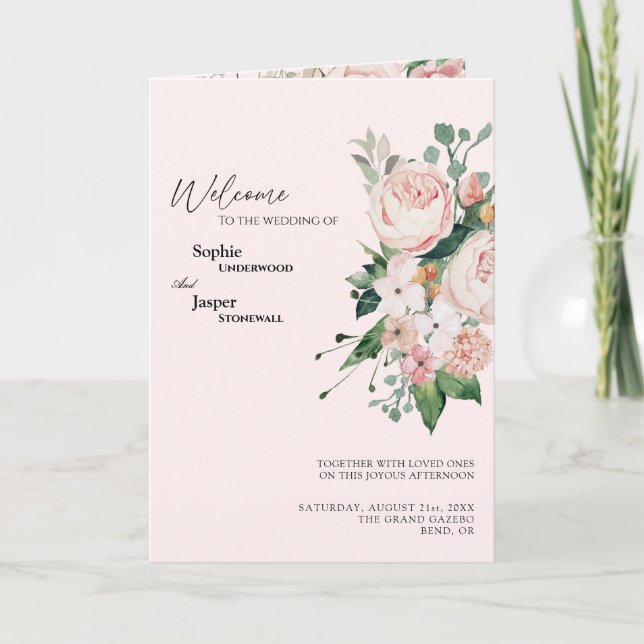 Blush Floral Pink Wedding Folded Program Programme (Front)