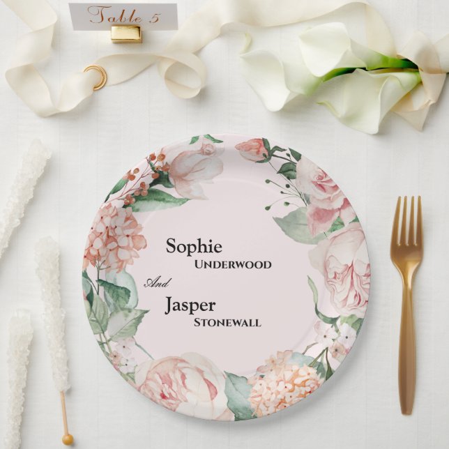 Blush Floral Pink Wedding Paper Plates (Wedding)