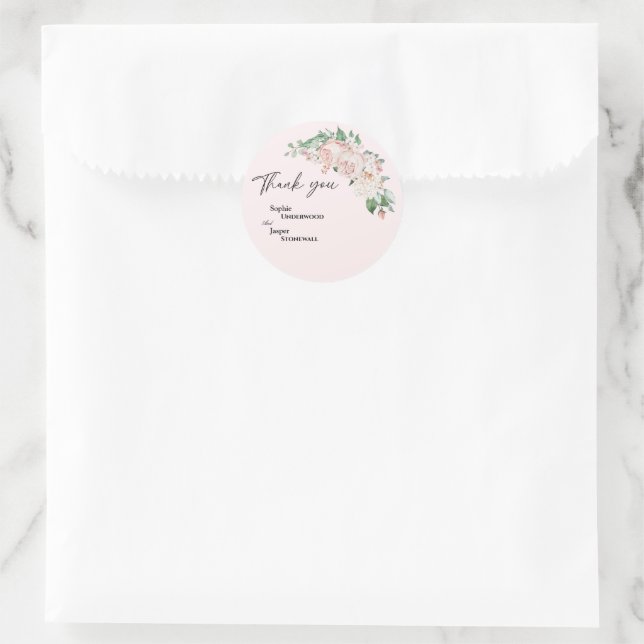 Blush Floral Pink Wedding Thank You Sticker (Bag)