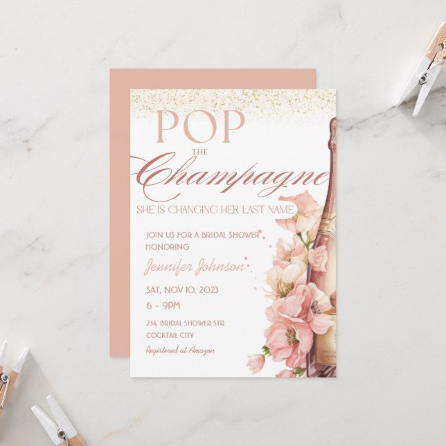 Blush Floral Pop the Champagne Bridal Shower  Invitation (Front/Back In Situ)