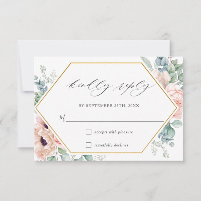 Blush Floral Poppy Rose Greenery Gold Wedding  RSVP Card (Front)