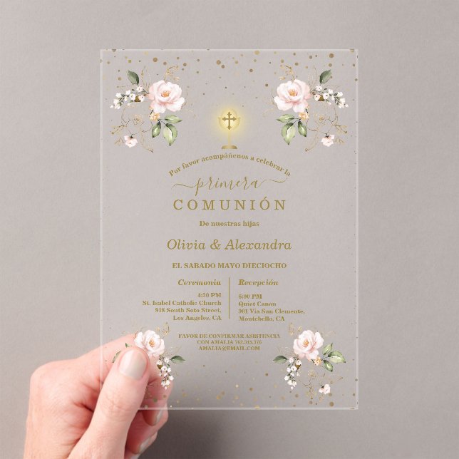 Blush Floral Primera Comunión Twins Holy Communion Acrylic Invitations (Insitu (Handheld))