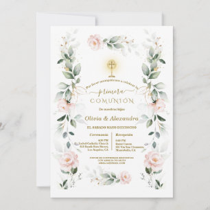 Blush Floral Primera Comunión Twins Holy Communion Invitation