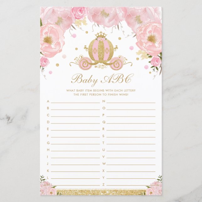 Blush Floral Princess Baby ABC Baby Shower Game (Front)