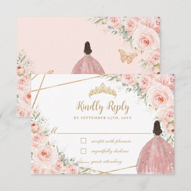 Blush Floral Princess Quinceañera Gold Crown Dress RSVP Card (Front/Back)