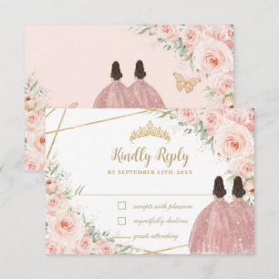 Blush Floral Princess Quinceañera Twins Birthday RSVP Card