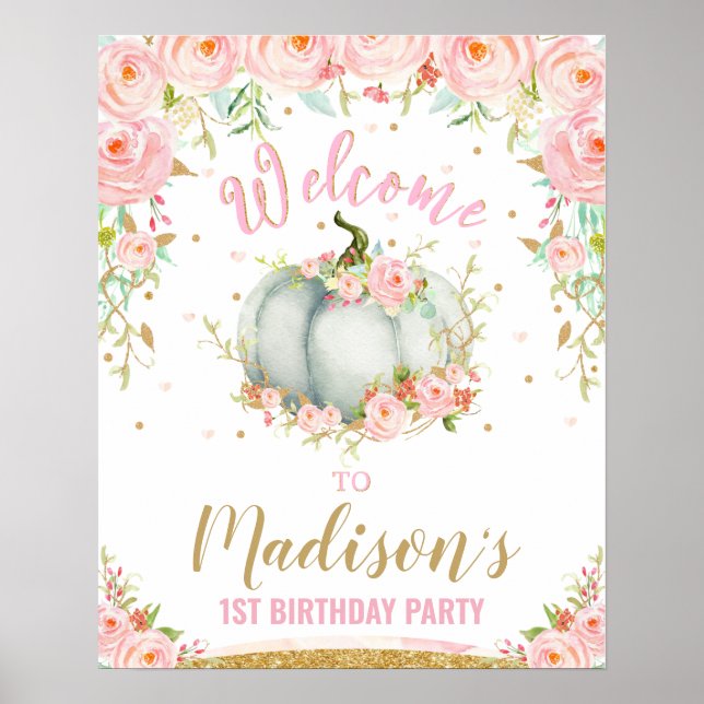 Blush Floral Pumpkin 1st Birthday Welcome Sign (Front)