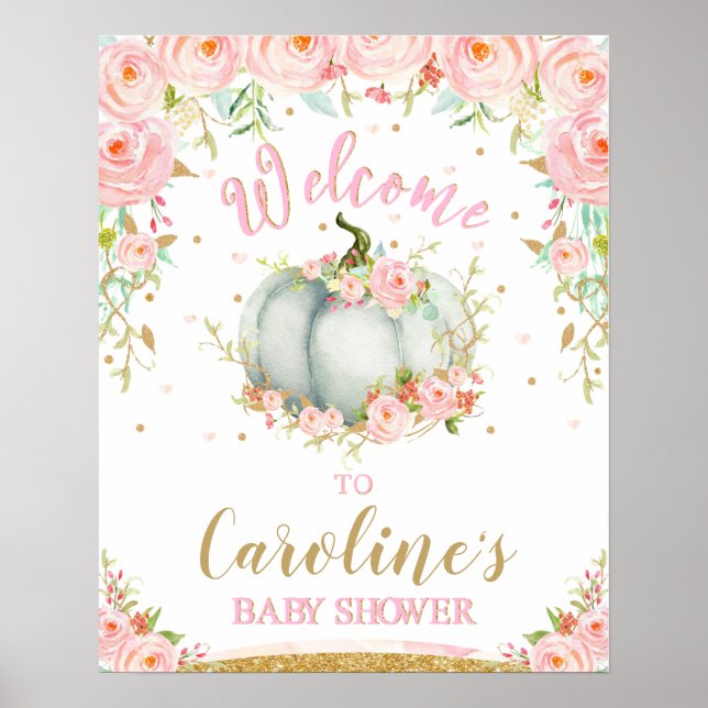 Blush Floral Pumpkin Baby Shower Welcome Sign (Front)