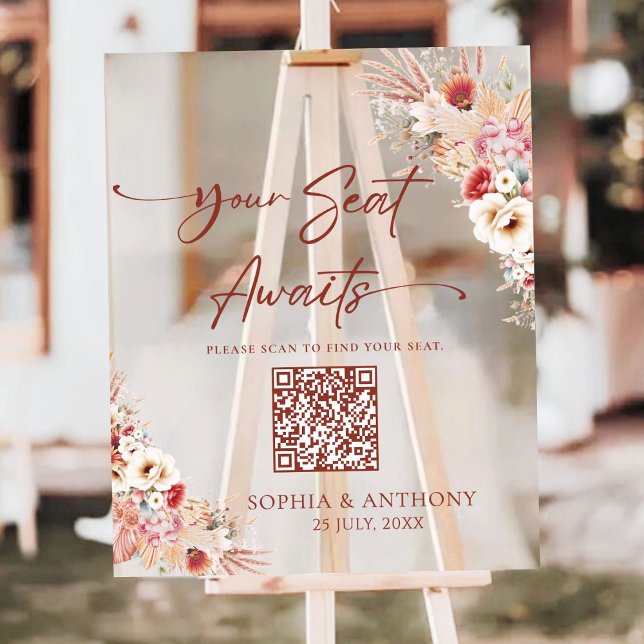 Blush Floral QR Code Your Seat Awaits Acrylic Sign (Creator Uploaded)