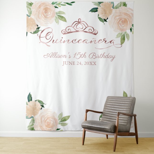 Blush Floral Quinceanera Backdrop Tapestry (In Situ)