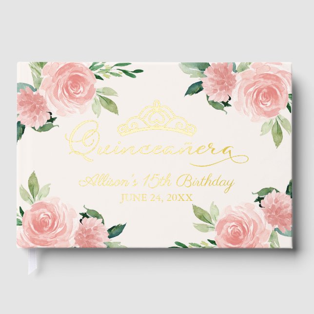 Blush Floral Quinceanera Guest Book (Front)