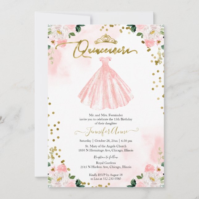 Blush Floral Quinceanera Invitation Bilingual (Front)