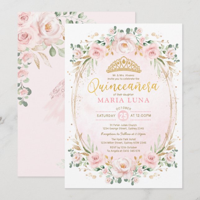 Blush Floral Quinceañera Mis Quince 15th Birthday Invitation (Front/Back)