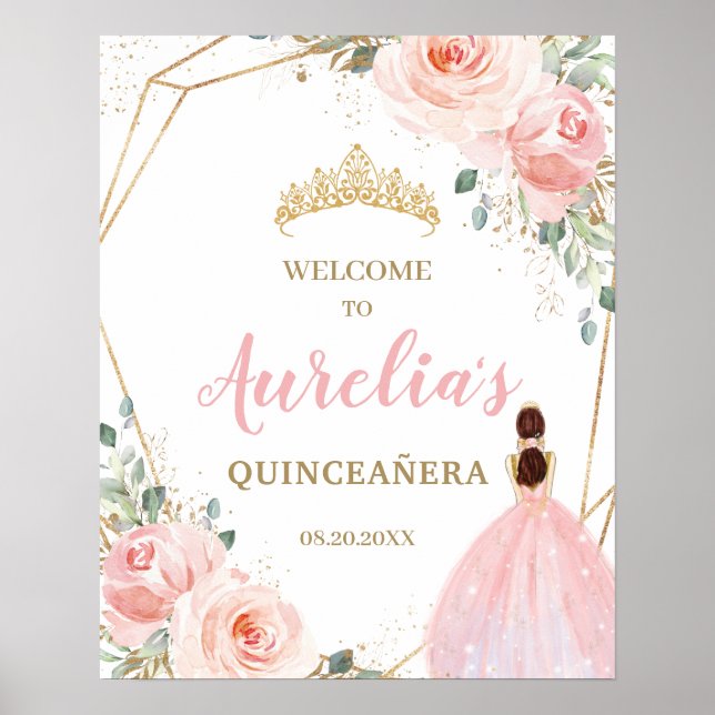 Blush Floral Quinceañera Mis Quince Welcome Poster (Front)