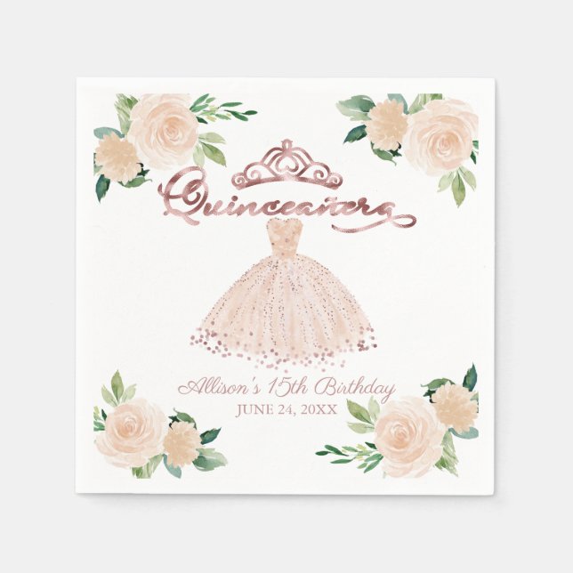 Blush Floral Quinceanera Napkin (Front)