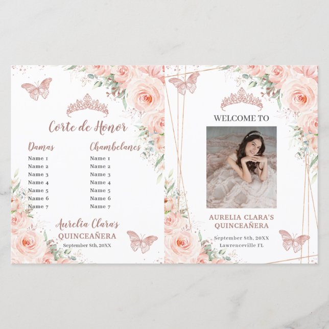 Blush Floral Quinceanera Order of Events Program  (Front)
