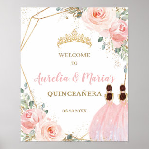Blush Floral Quinceañera Twins Joint Birthday Poster