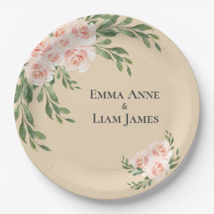 Blush Floral Romantic Elegant Script Greenery Paper Plate