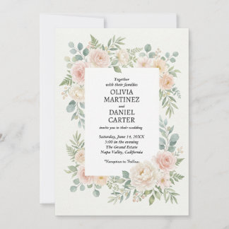 Blush Floral Rose & Eucalyptus Wedding Invitation