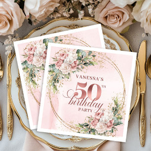 Blush Floral Rose Gold 50th Birthday Beverage   Napkin