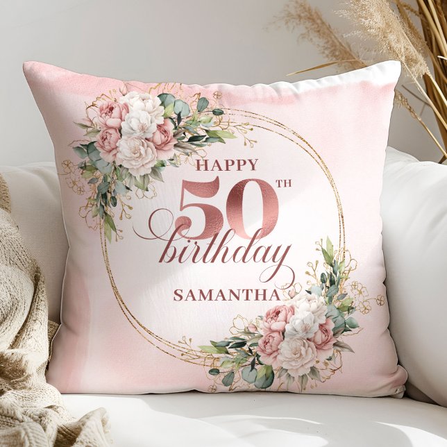 Blush Floral Rose Gold 50th Birthday Pillow Gift (Blush Floral Rose Gold 50th Birthday Pillow Gift)