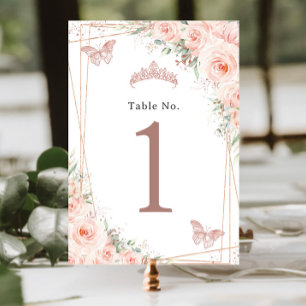 Blush Floral Rose Gold Birthday Quinceanera  Table Number