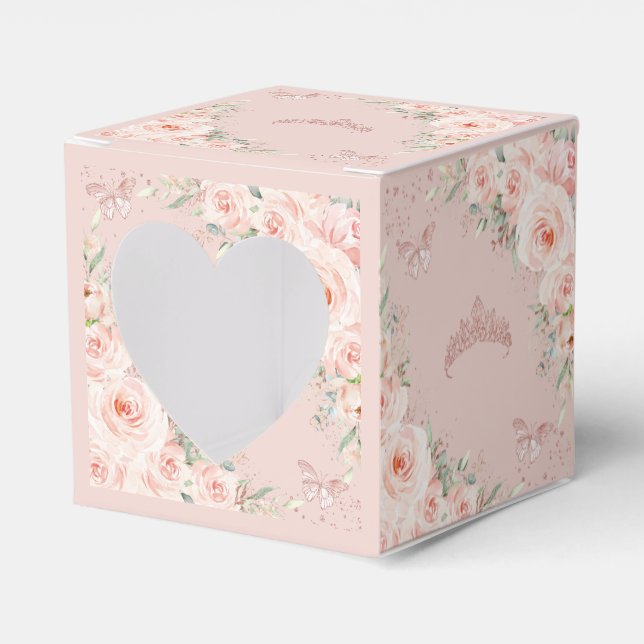 Blush Floral Rose Gold Butterflies Quince XV Mini Favour Box (Front Side)