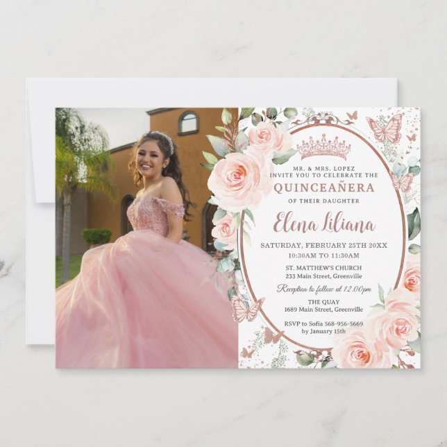 Blush Floral Rose Gold Butterflies Quinceañera Invitation (Front)