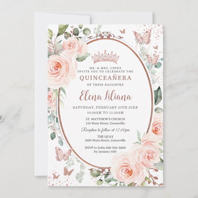 Blush Floral Rose Gold Butterflies Quinceañera Invitation (Front)