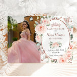 Blush Floral Rose Gold Butterflies Quinceañera Save The Date<br><div class="desc">Personalise this elegant blush floral rose gold Quinceañera / Sweet 16 birthday picture save the date easily and quickly. Simply click the customise it further button to edit the texts, change fonts and fonts colours. Featuring exquisite watercolor blush flowers, butterflies and a rose gold trimmed oval space to put all...</div>