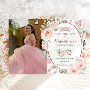 Blush Floral Rose Gold Butterflies Quinceañera Save The Date