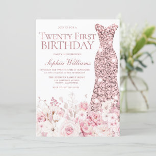 Blush Floral & Rose Gold Dress 21st Birthday Party Invitation