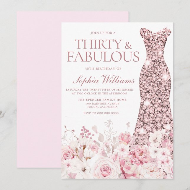 Blush Floral & Rose Gold Dress 30th Birthday Party Invitation (Front/Back)