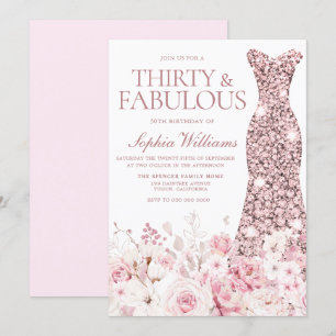 Blush Floral & Rose Gold Dress 30th Birthday Party Invitation