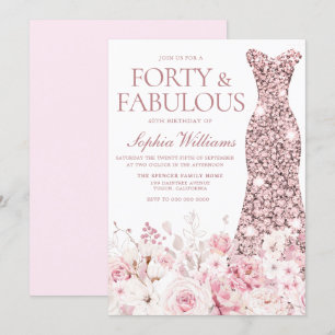 Blush Floral & Rose Gold Dress 40th Birthday Party Invitation