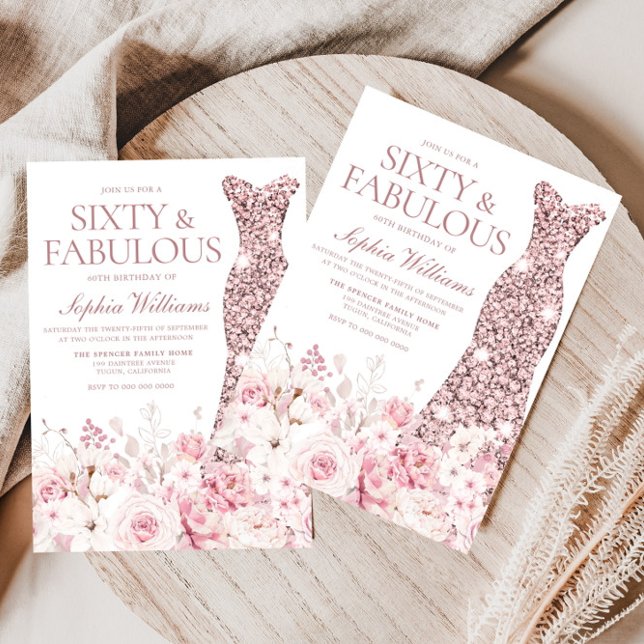 Blush Floral & Rose Gold Dress 60th Birthday Party Invitation (Creator Uploaded)