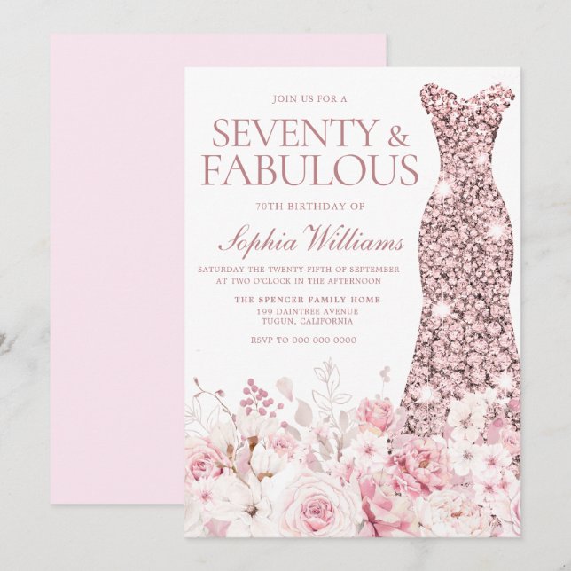 Blush Floral & Rose Gold Dress 70th Birthday Party Invitation (Front/Back)