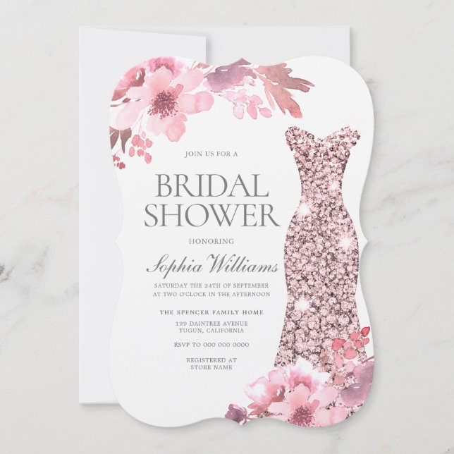 Blush Floral Rose Gold Dress Bridal Shower Invitation (Front)