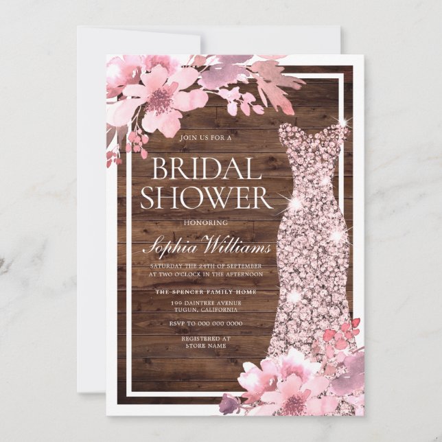 Blush Floral Rose Gold Dress Rustic Bridal Shower Invitation (Front)