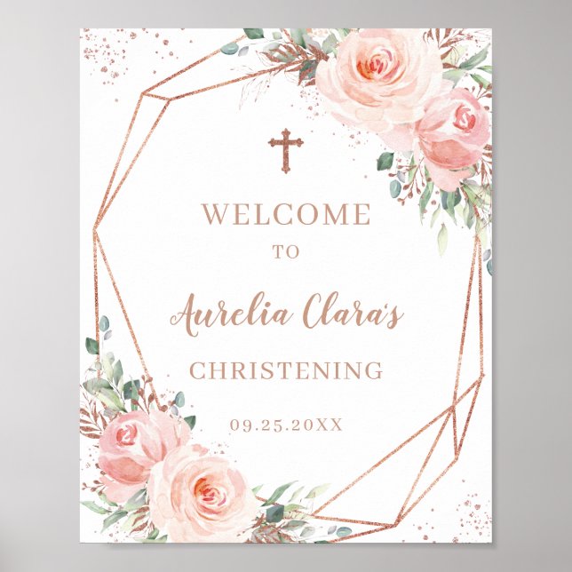 Blush Floral Rose Gold Geometric Christening Sign (Front)