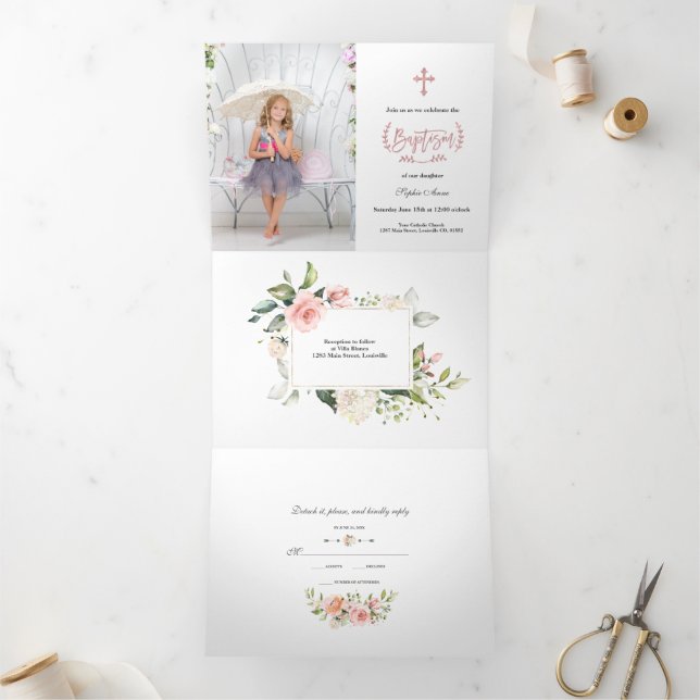 Blush Floral Rose Gold Girl Photo Baptism Tri-Fold Invitation (Inside)