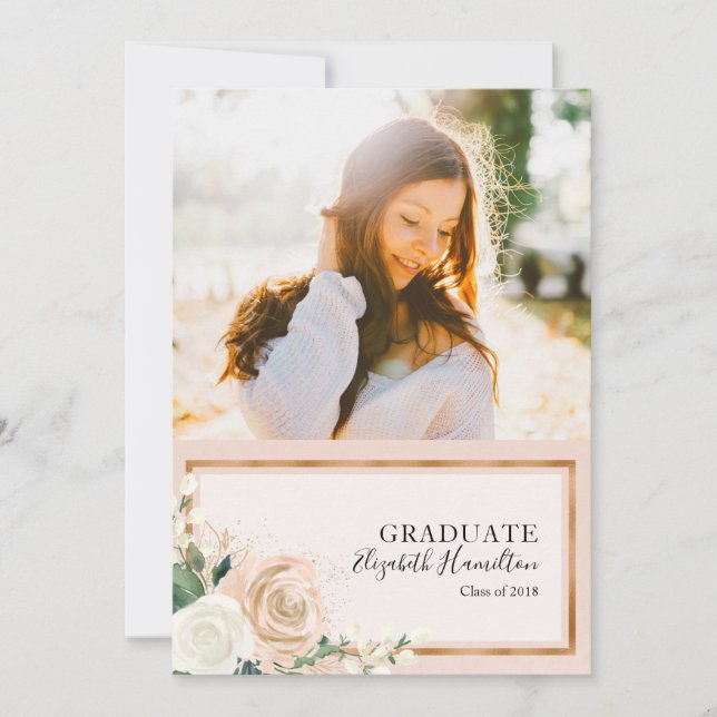 Blush Floral & Rose Gold Photo Grad Announcement (Front)