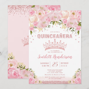 Blush Floral Rose Gold Pink Glitter Quinceanera Invitation