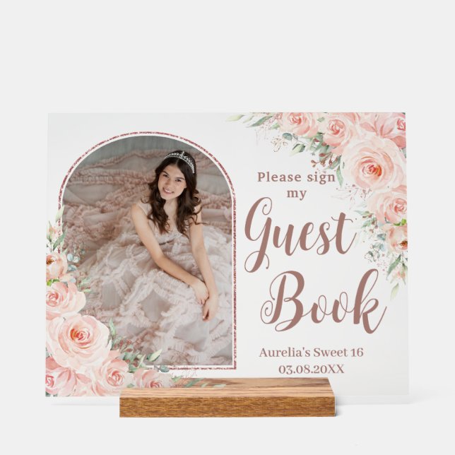 Blush Floral Rose Gold Quinceanera 16 Guest Book  Acrylic Sign (Front)