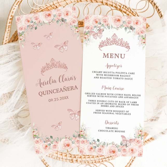 Blush Floral Rose Gold Quinceanera Birthday Menu (Creator Uploaded)