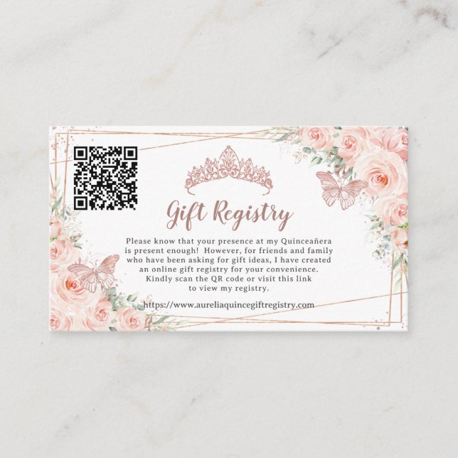 Blush Floral Rose Gold Quinceanera Gift Registry Enclosure Card (Front)