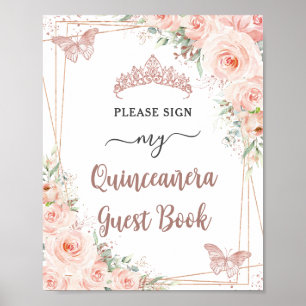 Blush Floral Rose Gold Quinceanera Guest Book Sign